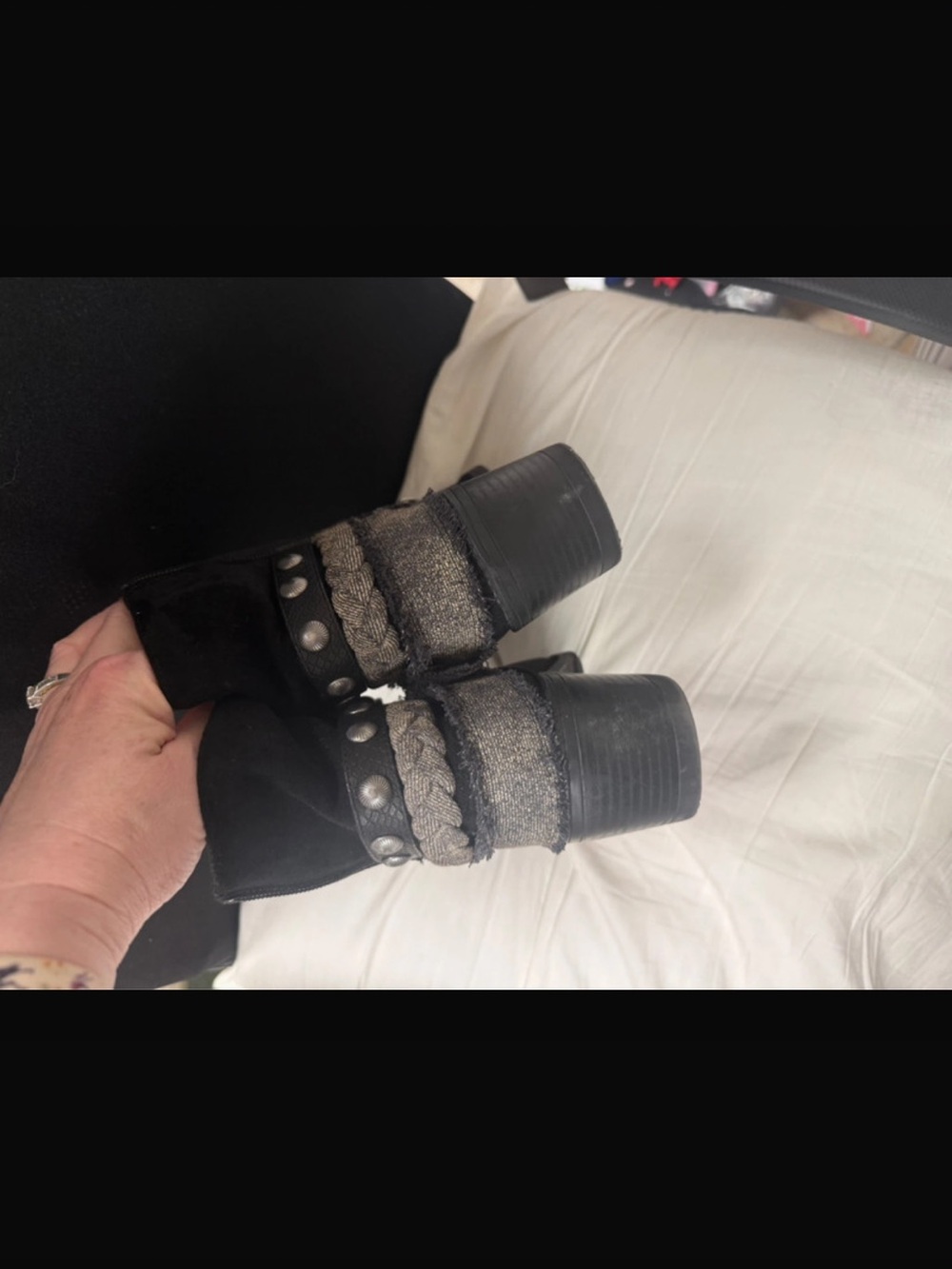 Blowfish Black Suede Studded Ankle Boots with Tweed Wrap - Picture 4 of 5